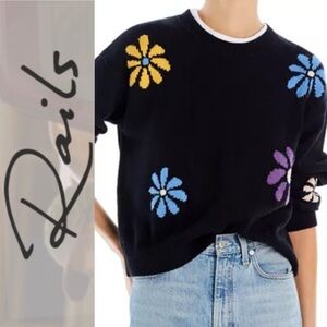 Rails Zoey Intarsia Black Daisy Floral Crewneck Sweater L